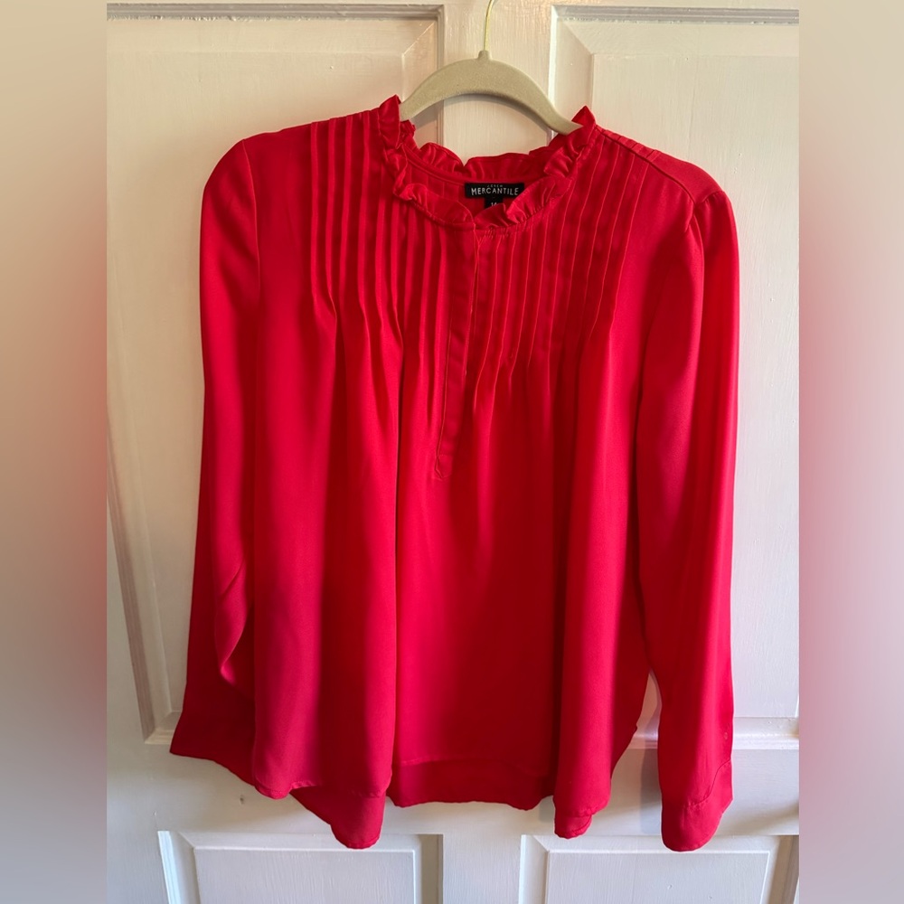 J. Crew Bright Red Pintuck Ruffle-Neck Blouse